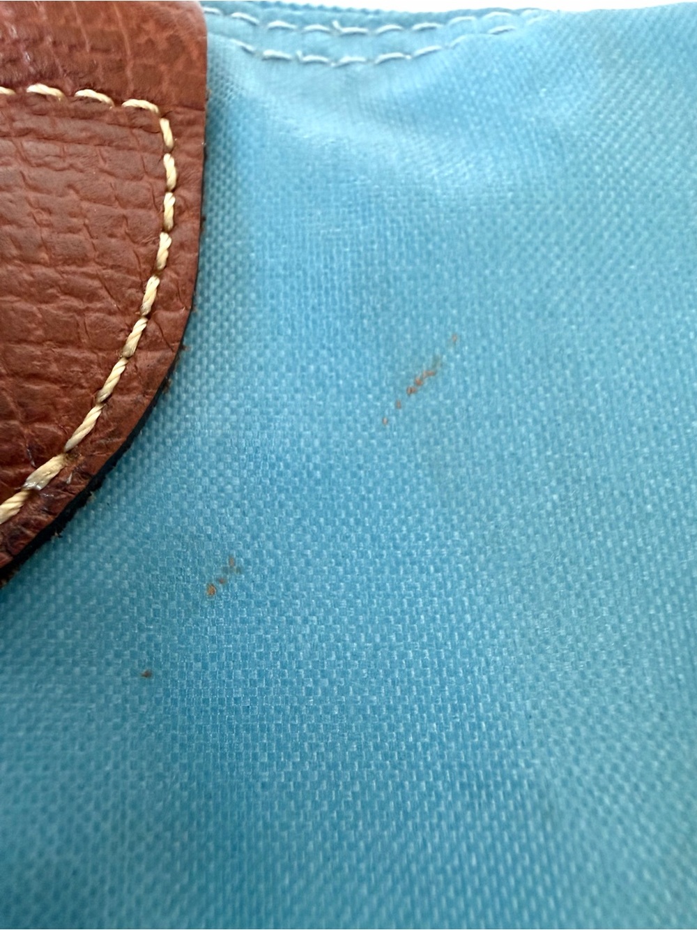 Longchamp Le Pliage Top-Handle Tote in Light Blue w Brown leather, GUC - Picture 14 of 16